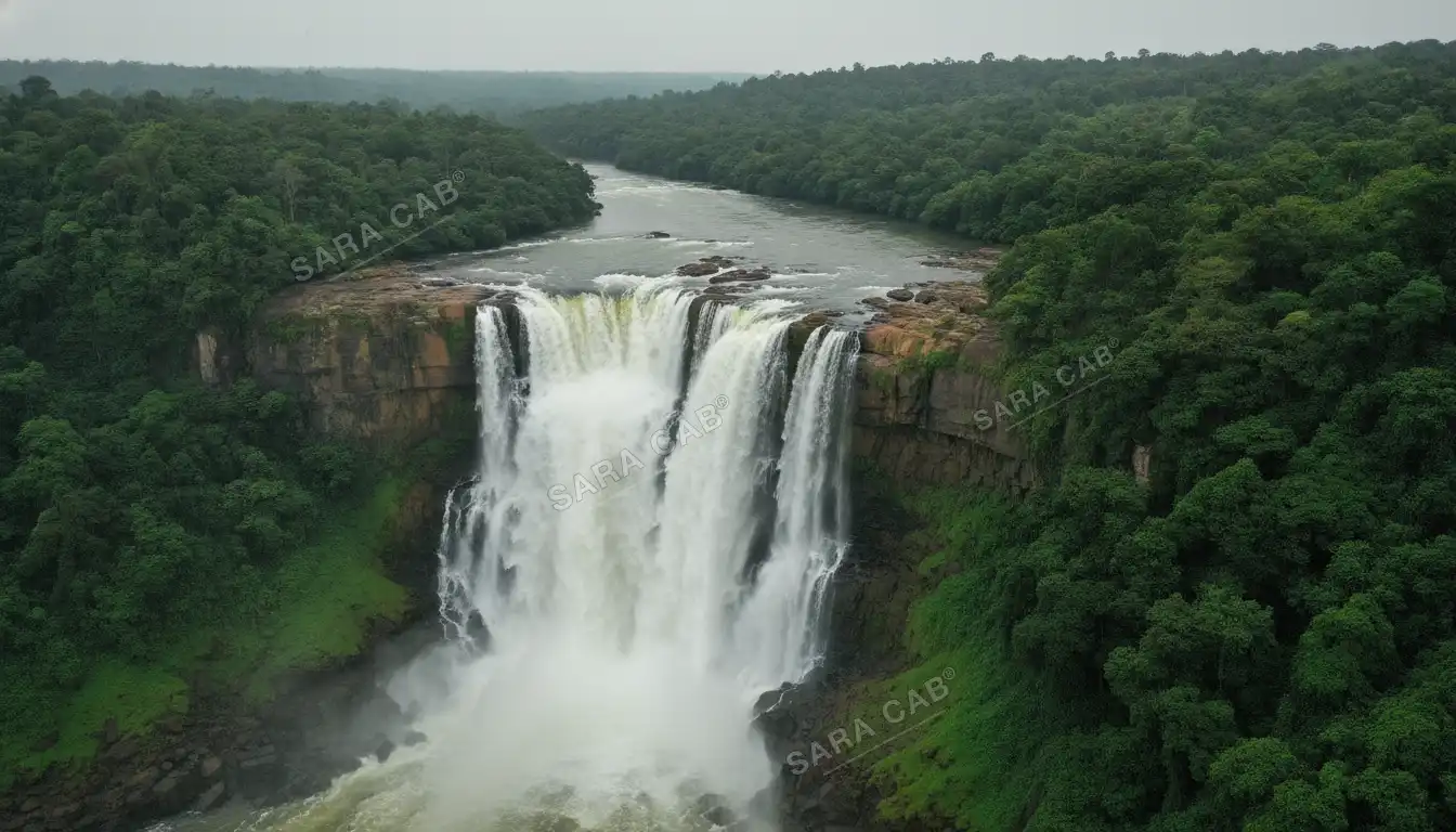 The full width of the Chalakudy river coming over the rock shelf at Athirappilly