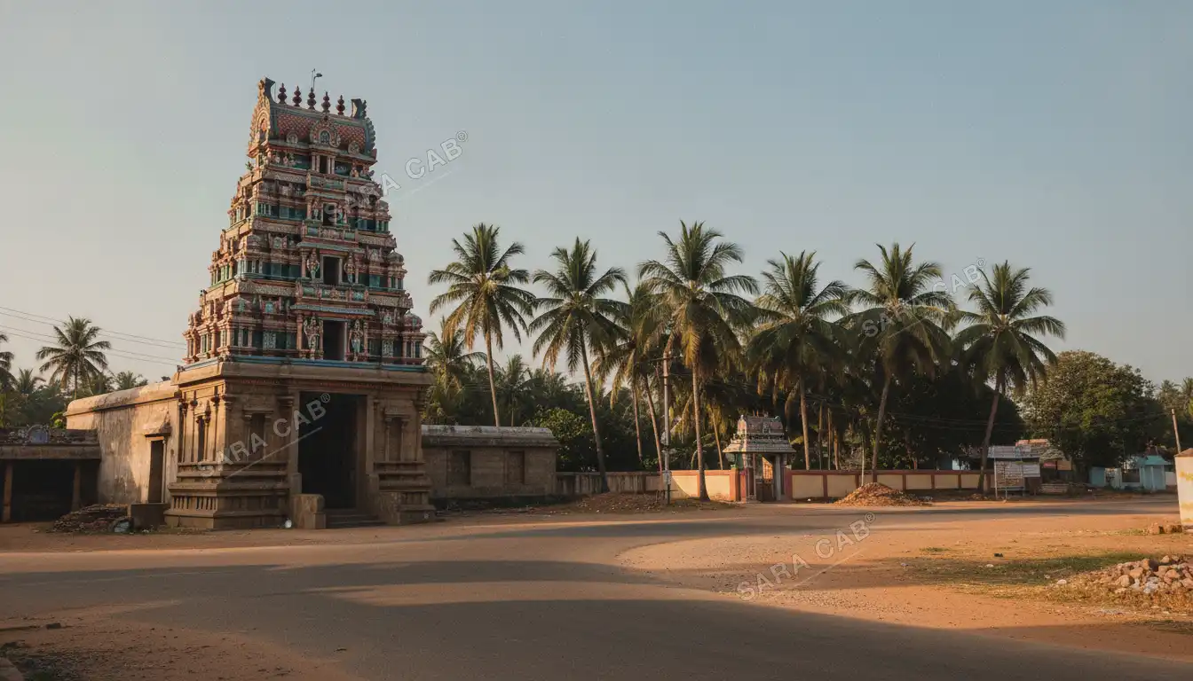 A town temple with a painted gopuram near Tiruppur, in early light