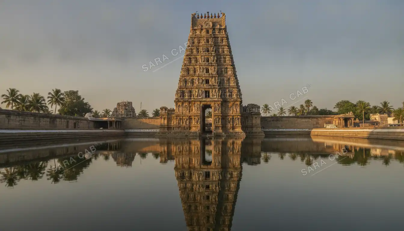 A carved gopuram of the Nataraja temple at Chidambaram reflected in the temple tank