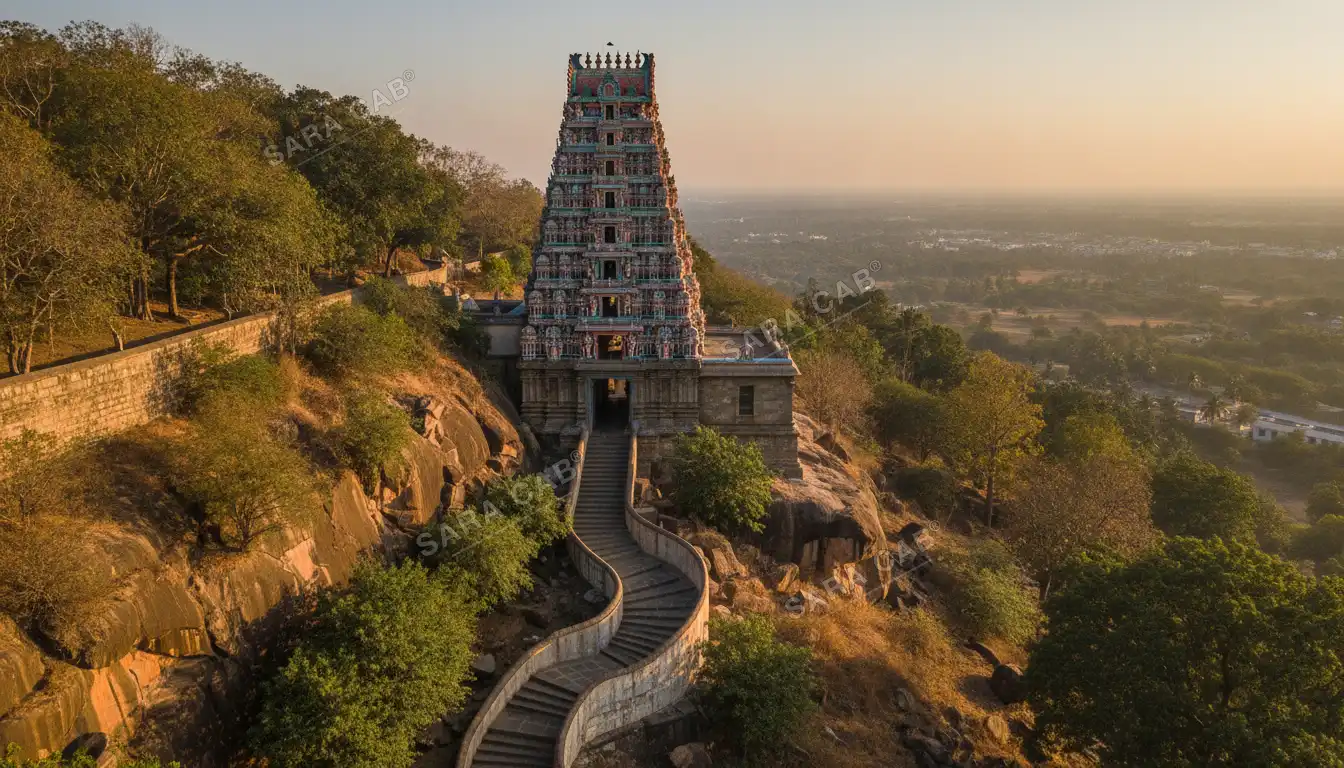 A hill temple with a painted gopuram on the wooded slopes above Coimbatore