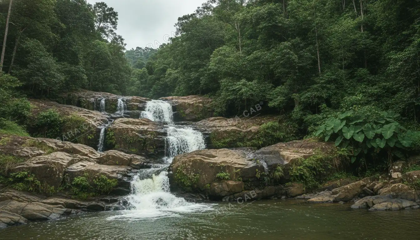 A stepped rocky cascade in the Western Ghats foothills at Courtallam