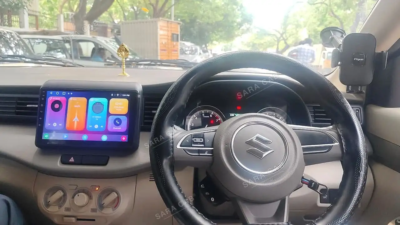 The driver’s side of the cabin, showing the dashboard and controls