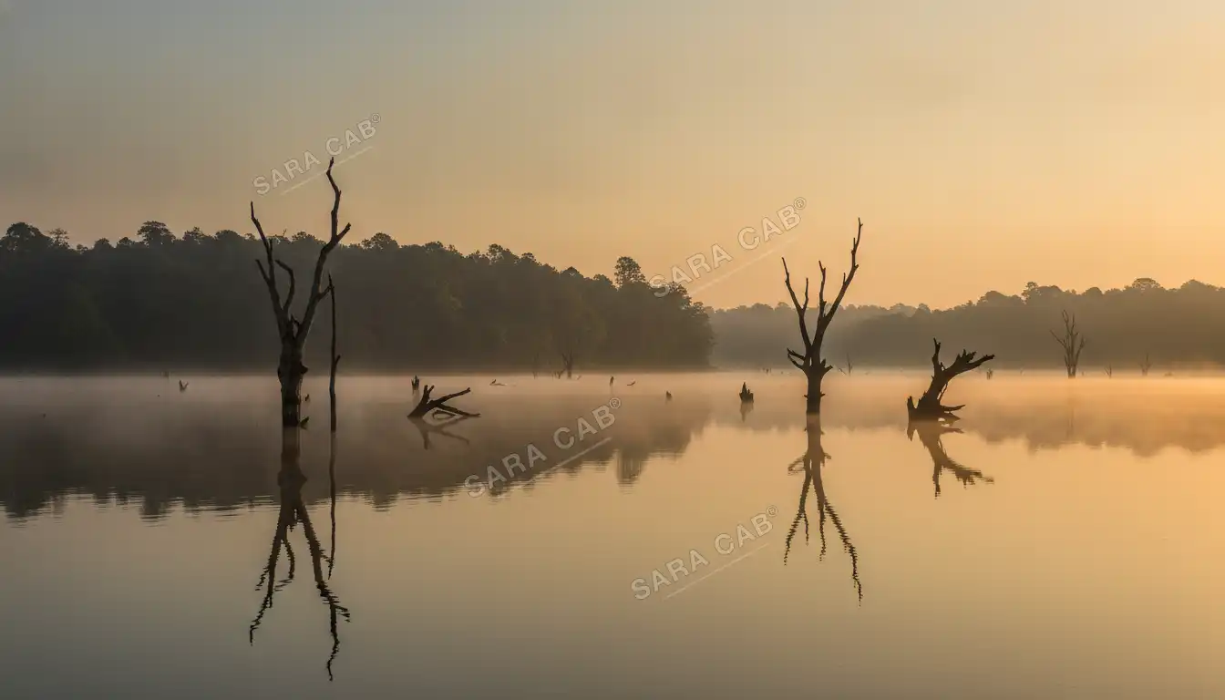 The Kabini backwaters at dawn, drowned tree stumps standing in still water