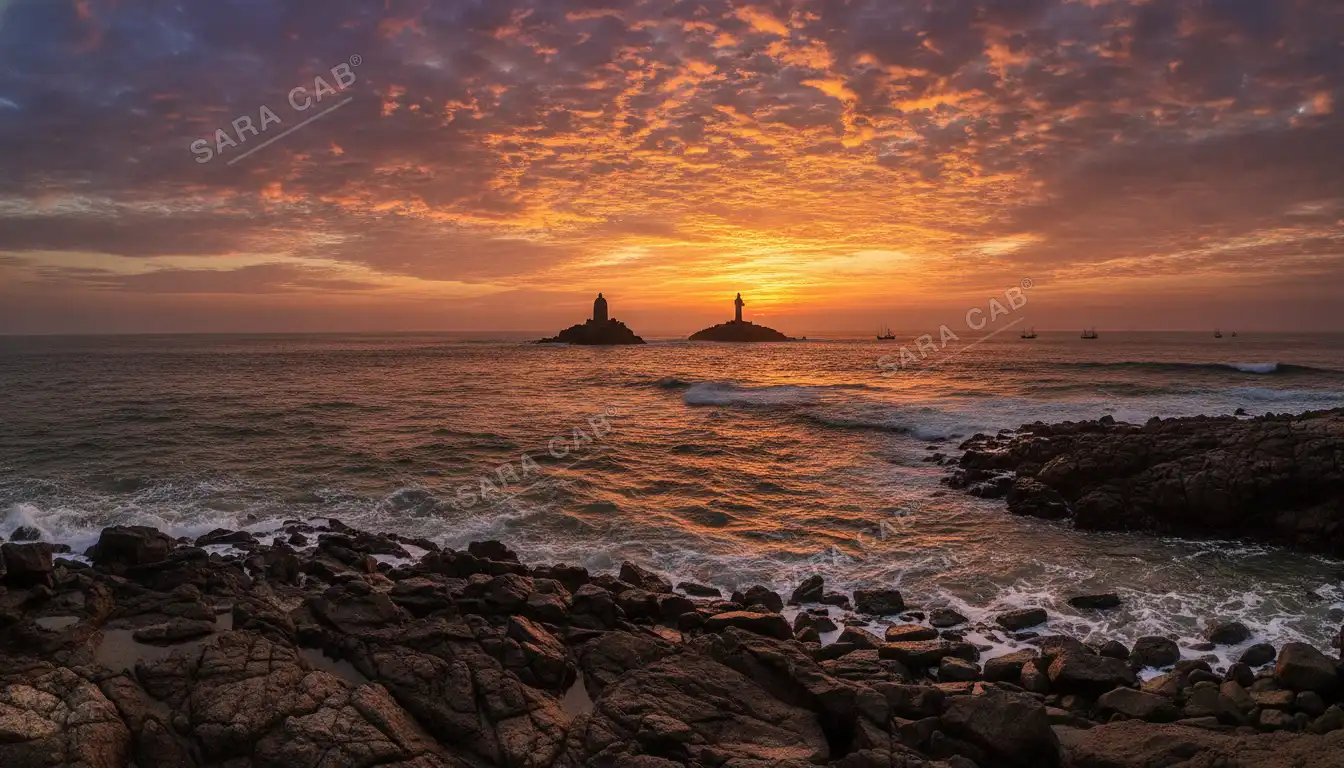 Sunrise at Kanyakumari with the offshore memorial rocks in silhouette
