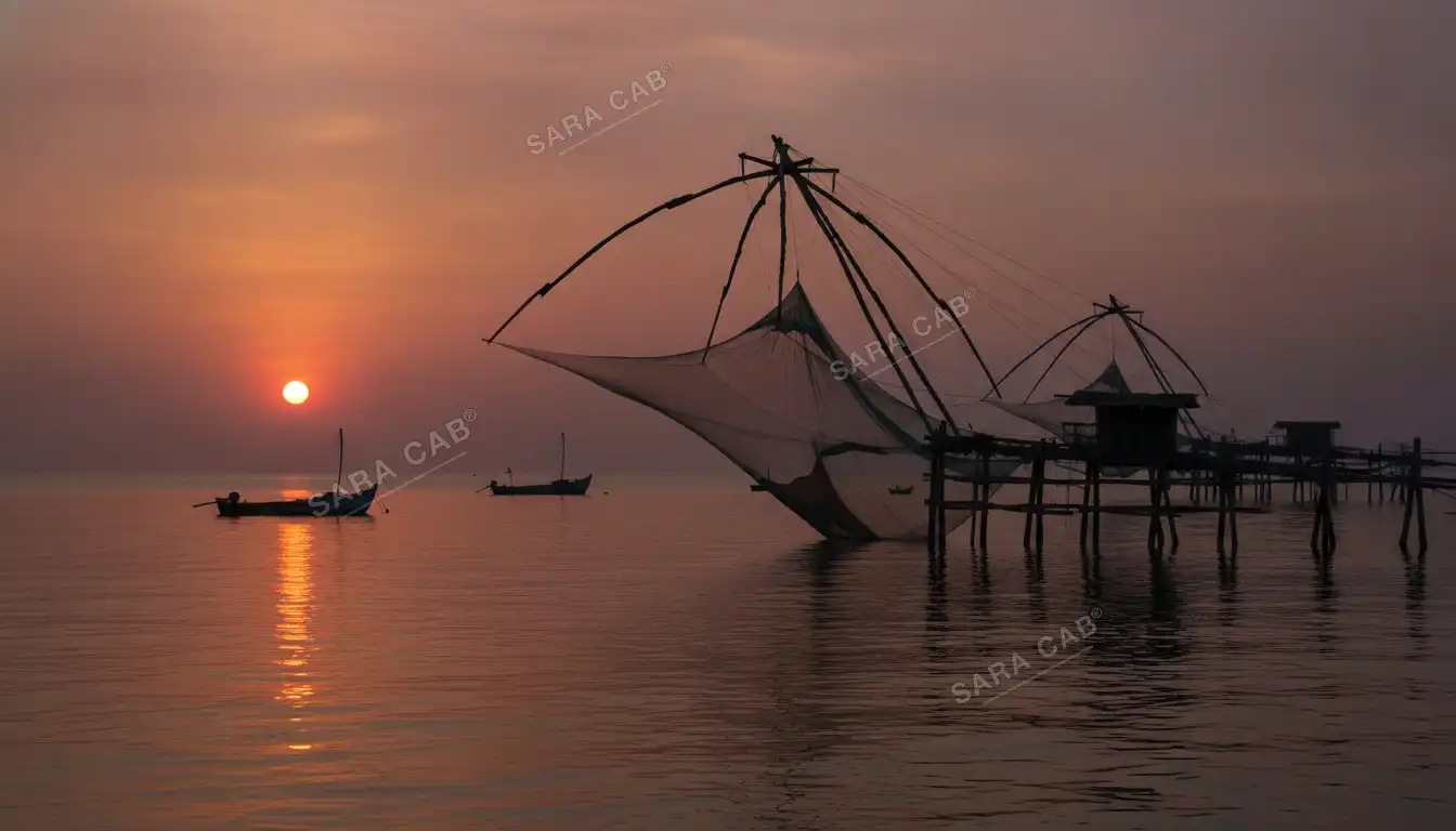 Cantilevered Chinese fishing nets on the waterfront at Fort Kochi at sunset