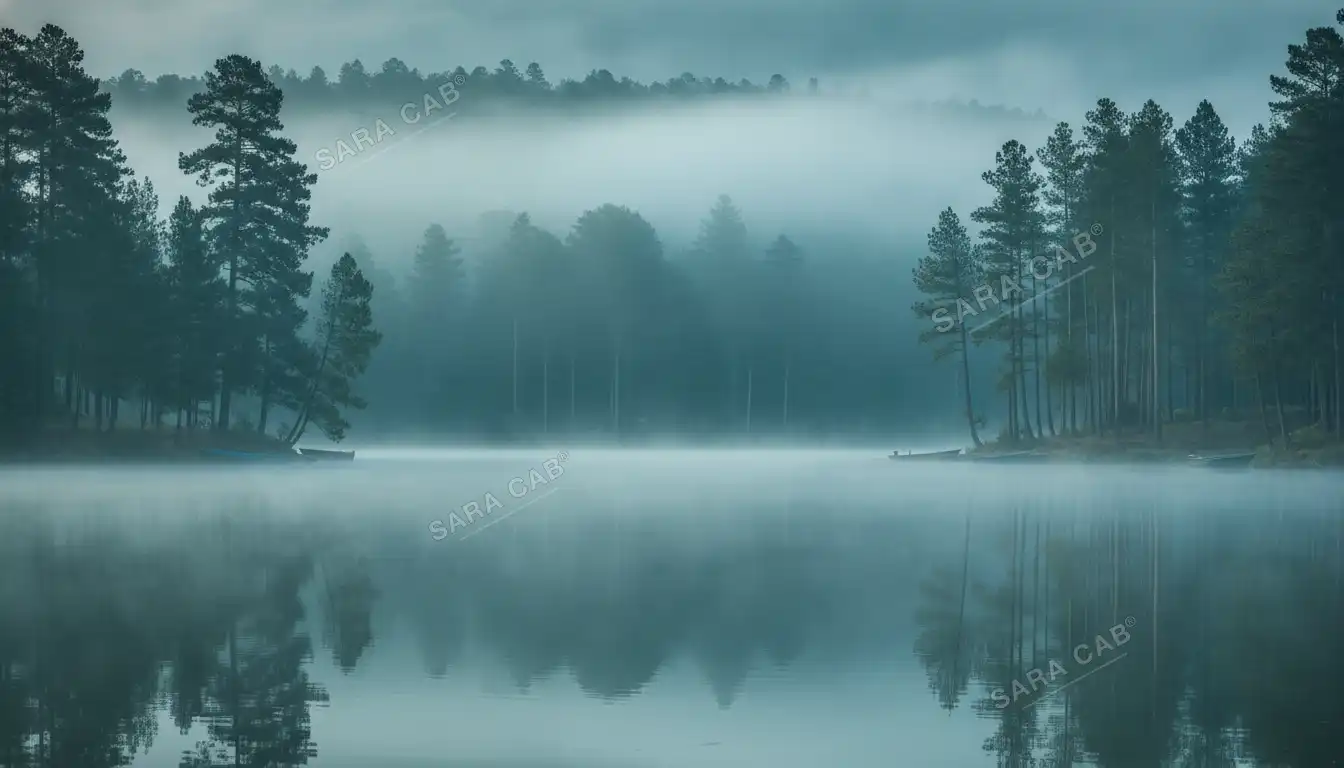 A misty lake in Kodaikanal surrounded by pine forest at dawn