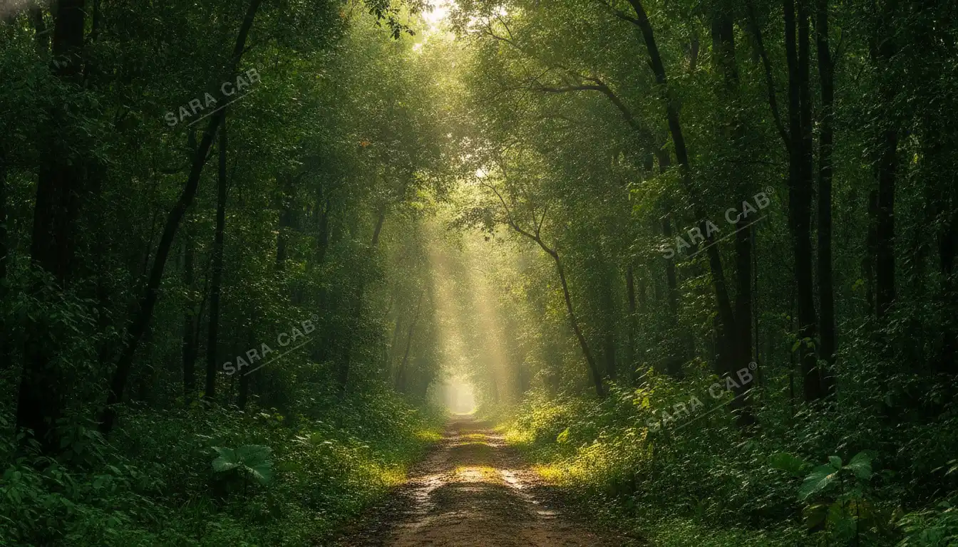 A narrow track running into dense closed-canopy forest in Nagarhole