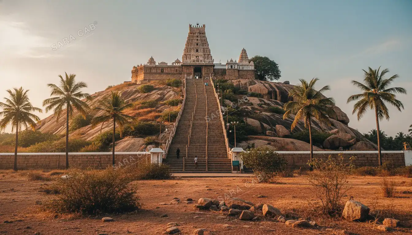 The hilltop temple at Palani seen from below in warm morning light