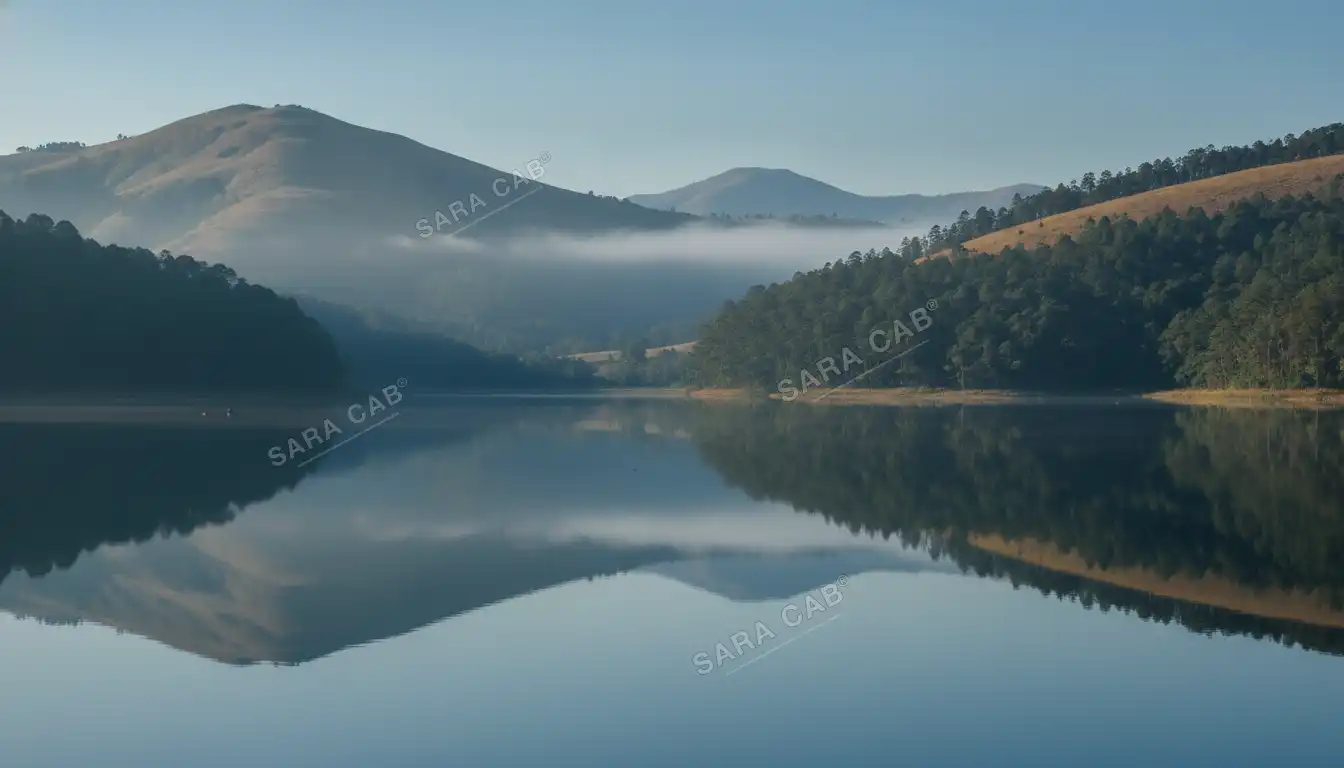 Pykara lake in the Nilgiris, ringed by shola forest and grassland