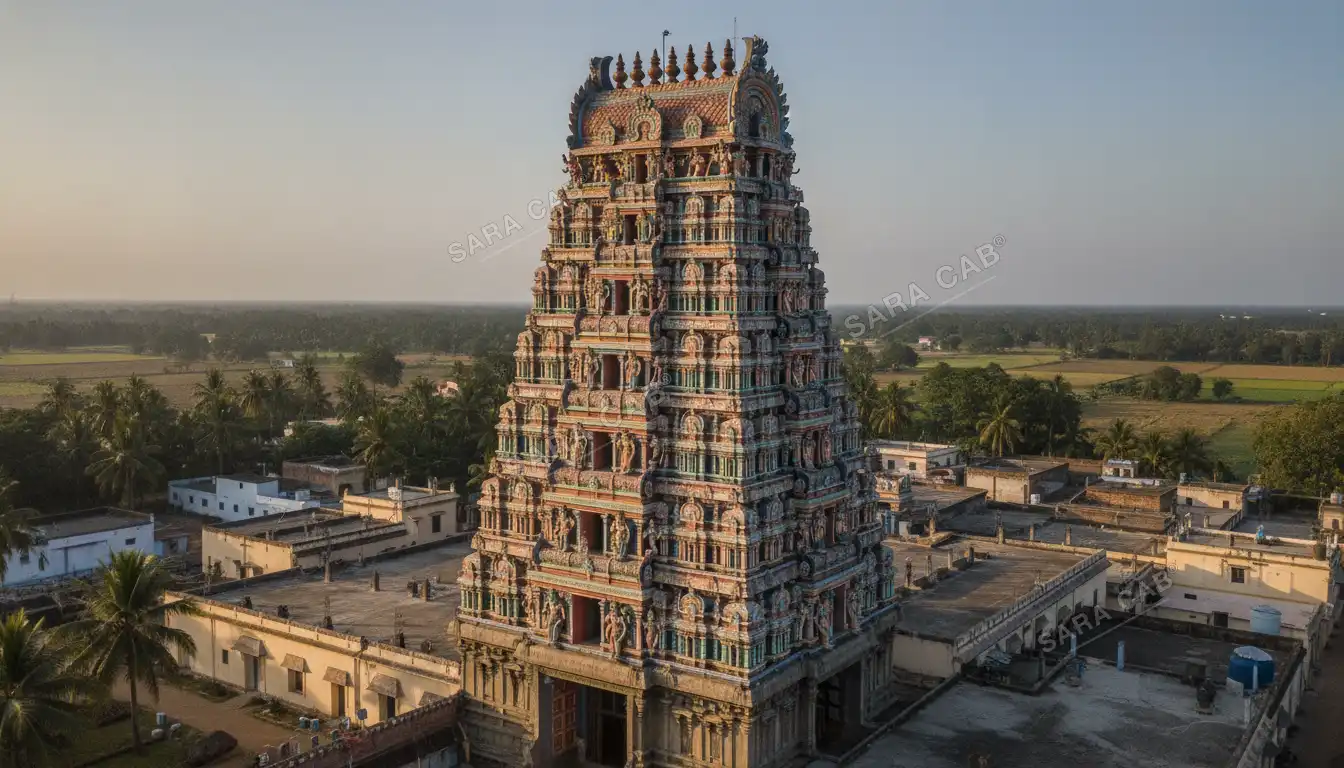 The tall painted gopuram at Srivilliputhur, the tower on the state emblem