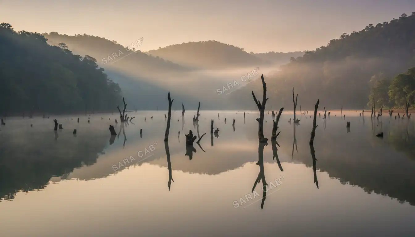 Periyar lake at Thekkady at dawn, drowned tree stumps standing in still water