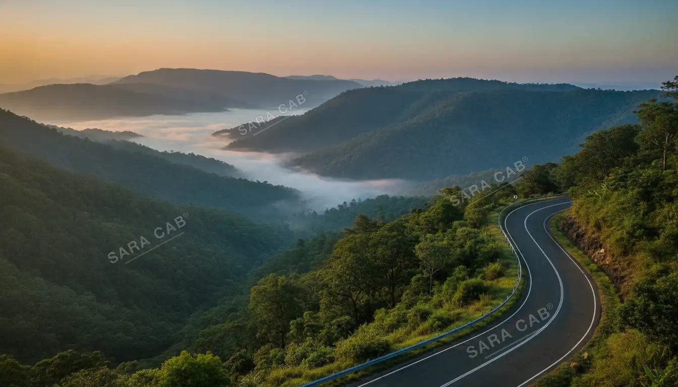 The forested Tirumala hills at dawn, seen from the ghat road up to Tirupati