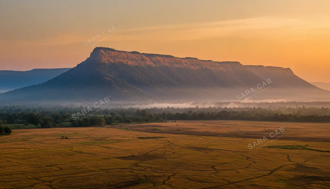 The forested Tirumala escarpment seen from the plain at sunrise