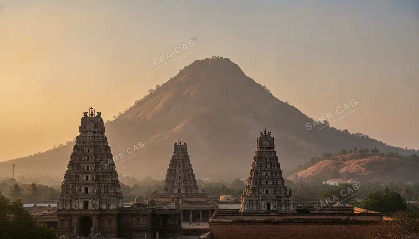 Arunachala hill rising behind the temple gopurams at Tiruvannamalai at dawn